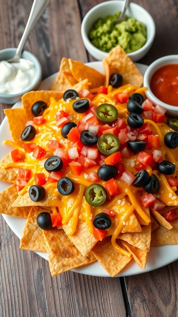 A colorful plate of cheesy nachos with toppings, served with dips on a wooden table.
